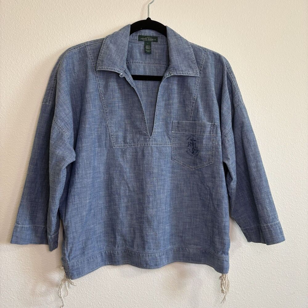 Lauren Ralph Lauren Chambray Pullover Shirt L Blue Nautical Coastal Preppy LRL